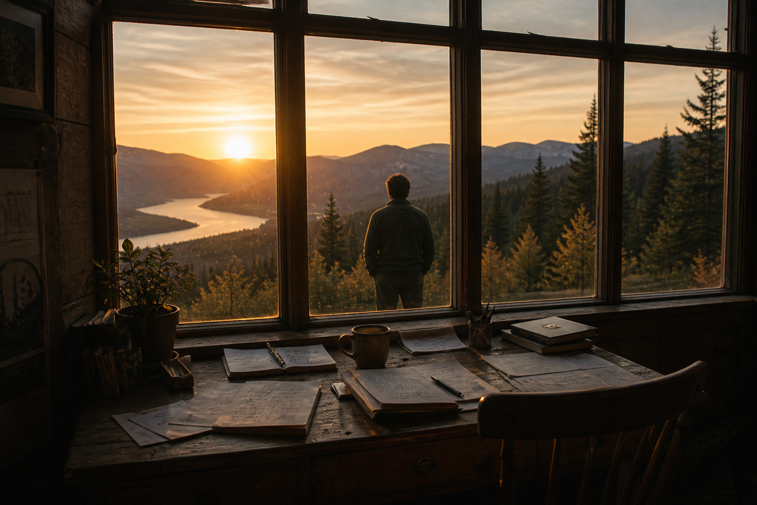 A writing desk by a mountain window at sunset
